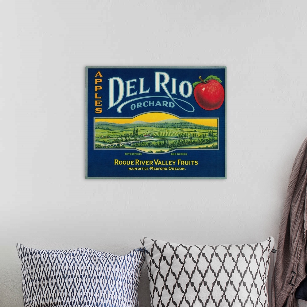 A bohemian room featuring Del Rio Apple Crate Label, Medford, OR