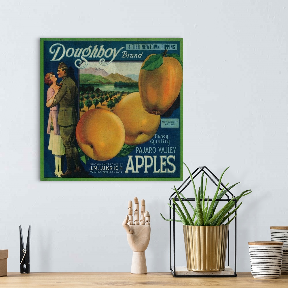 A bohemian room featuring Doughboy Apple Crate Label, Watsonville, CA