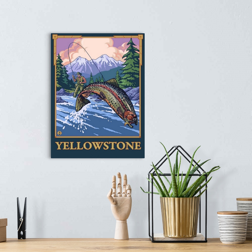 Fly Fishing Scene - Yellowstone National Park: Retro Travel Poster | Large Metal Wall Art Print | Great Big Canvas