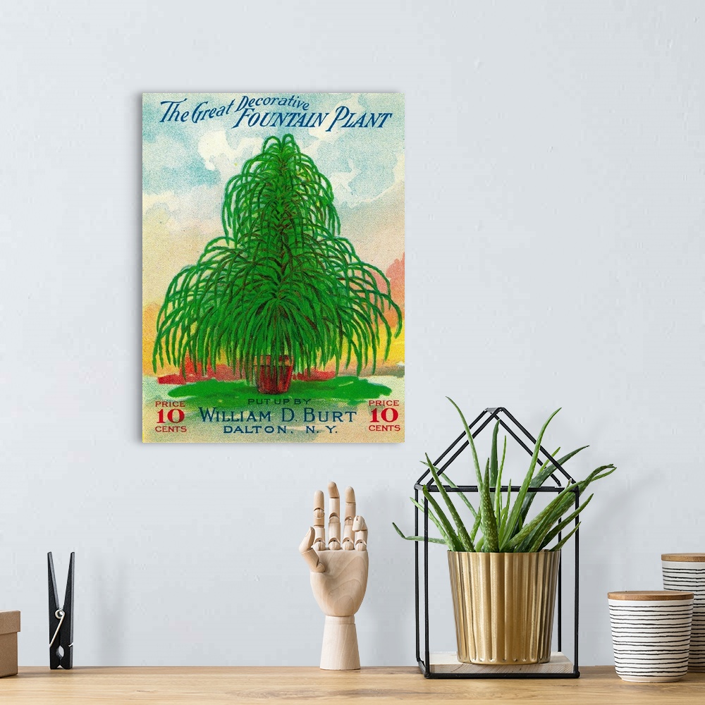 A bohemian room featuring A vintage label from a seed packet for Fountain Plants.
