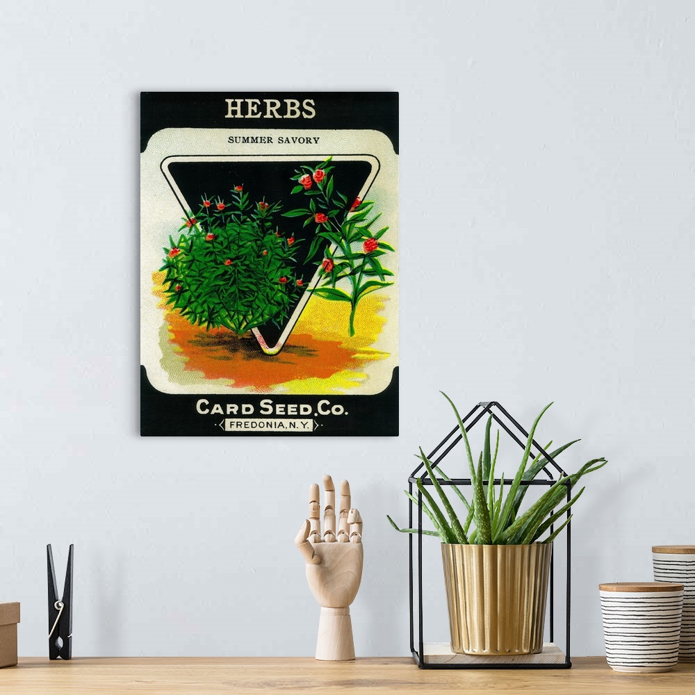 A bohemian room featuring A vintage label from a seed packet for mixed herbs.