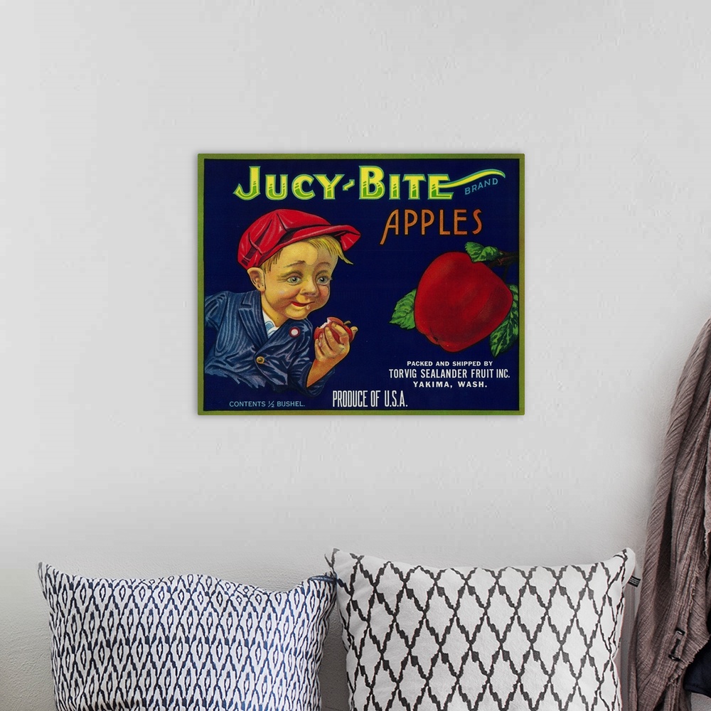 A bohemian room featuring Jucy Bite Apple Crate Label, Yakima, WA