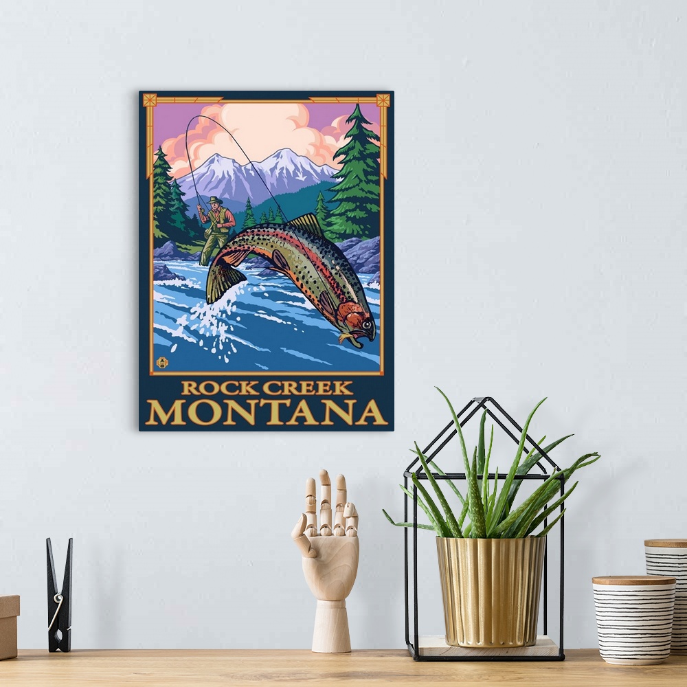 Rock Creek, Montana - Fly Fishing Scene: Retro Travel Poster Solid-Faced  Canvas Print