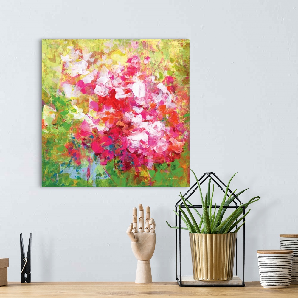 A bohemian room featuring Vibrant colorful abstract floral painting.