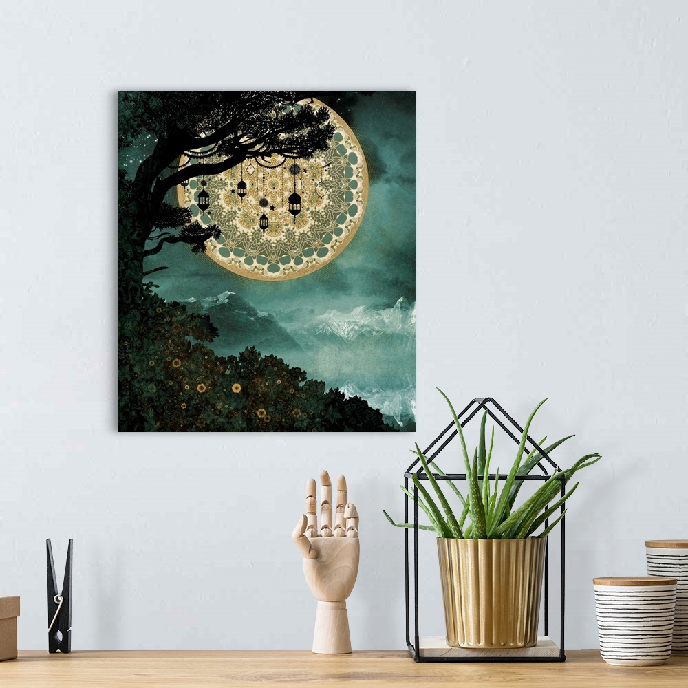A bohemian room featuring Tree with lanterns and mandala moon with mountains and flowers