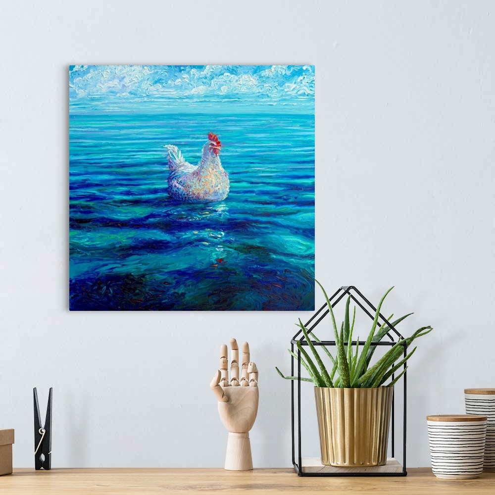 A bohemian room featuring Brightly colored contemporary artwork of a chicken out at sea.