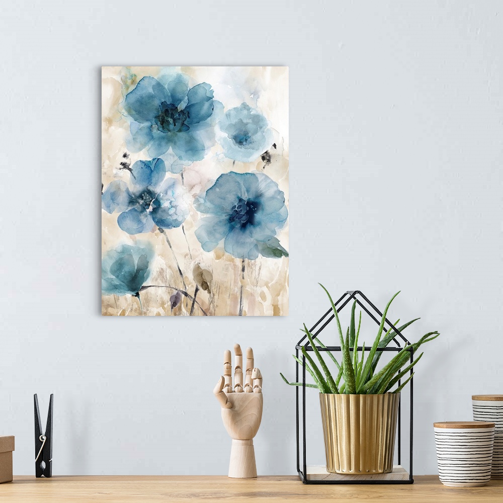 A bohemian room featuring Blue Flowers Beige Background