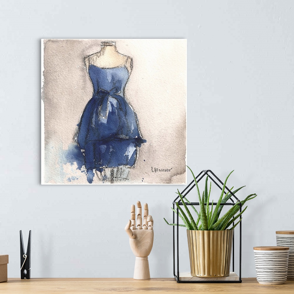 A bohemian room featuring Watercolor painting of a blue dress on a dress form.