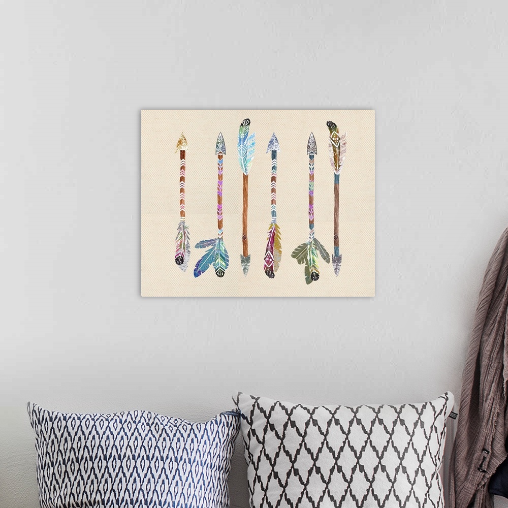 A bohemian room featuring Illustration of a row of colorful arrows with feathers on a linen background.