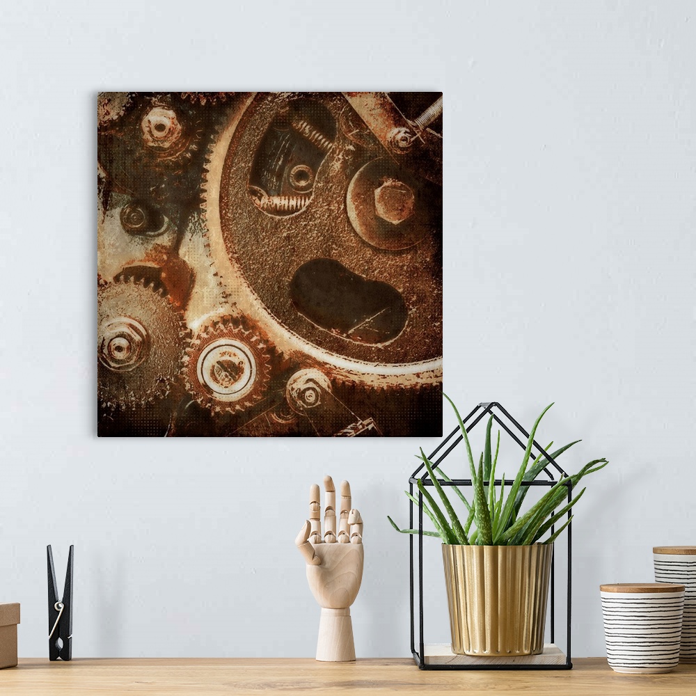 A bohemian room featuring A decorative image of a close up look of rusted gears of a clock with a distressed overlay.
