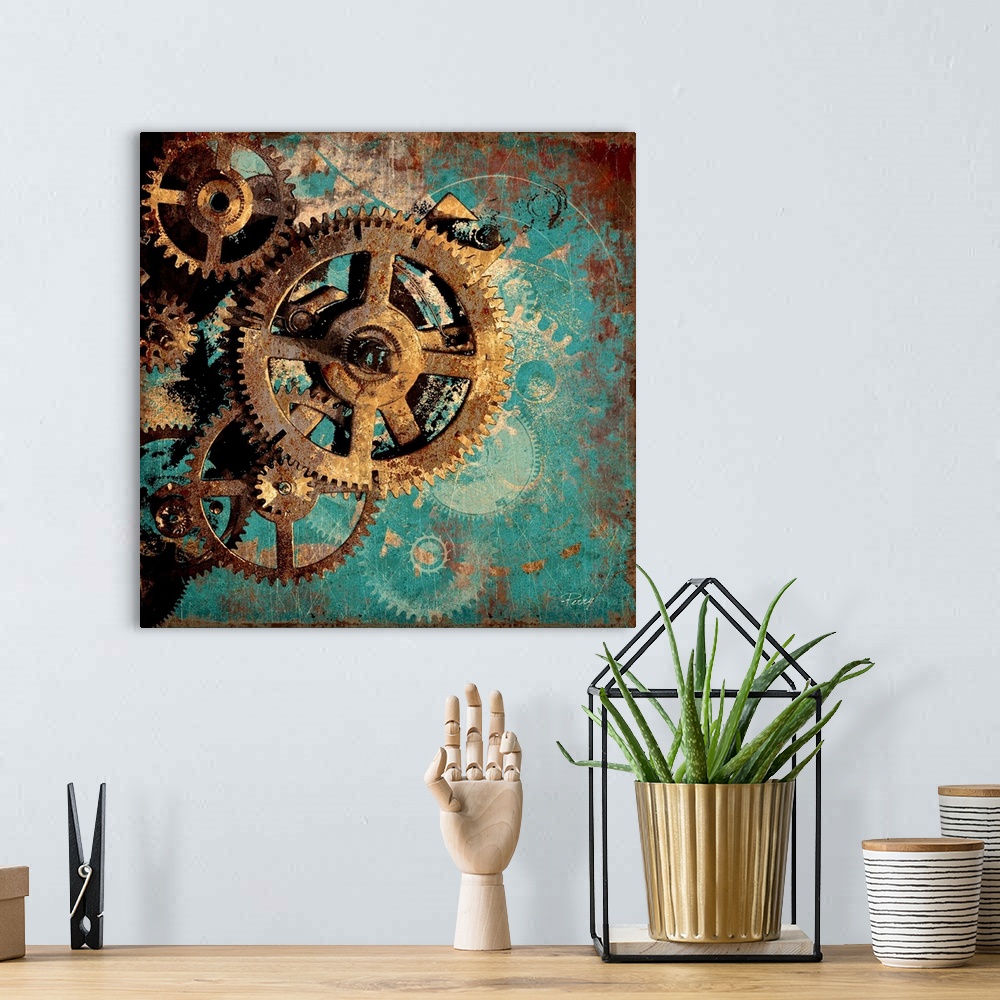 A bohemian room featuring A decorative image of rusted gears of a clock on a teal backdrop with a distressed appearance.