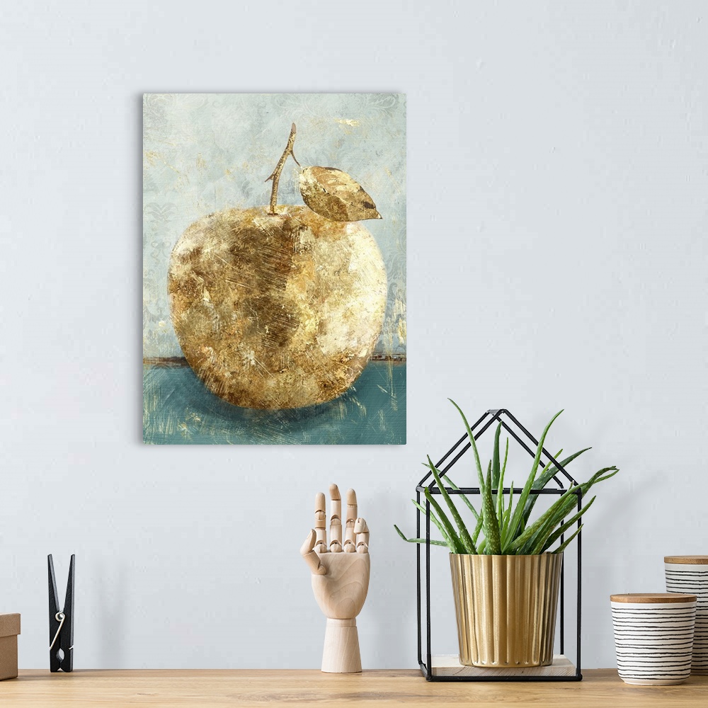 A bohemian room featuring A still life painting of a golden apple on a teal and gray floral background with a distressed ap...