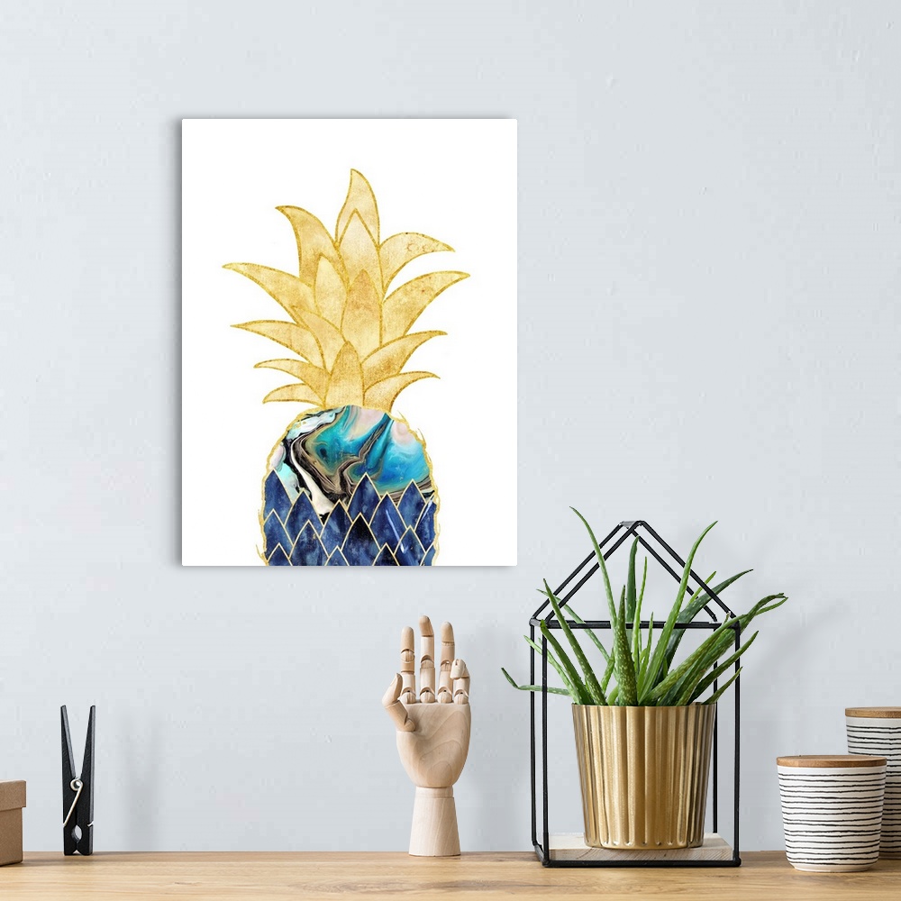 A bohemian room featuring Decorative artwork of a pineapple with a blue marbled effect, outlined in gold with gold leaves, ...