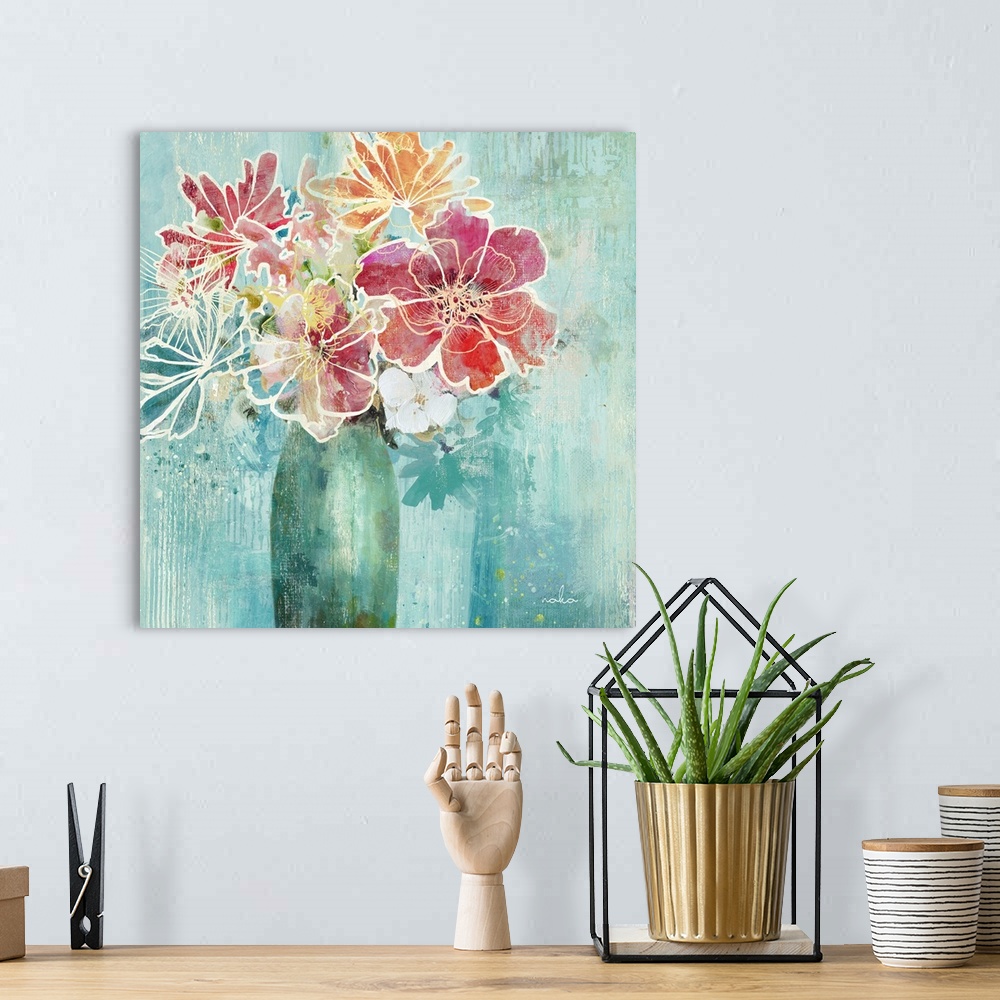 A bohemian room featuring Artistic square painting of a vase full of colorful flowers outlined in white on a blue backgroun...