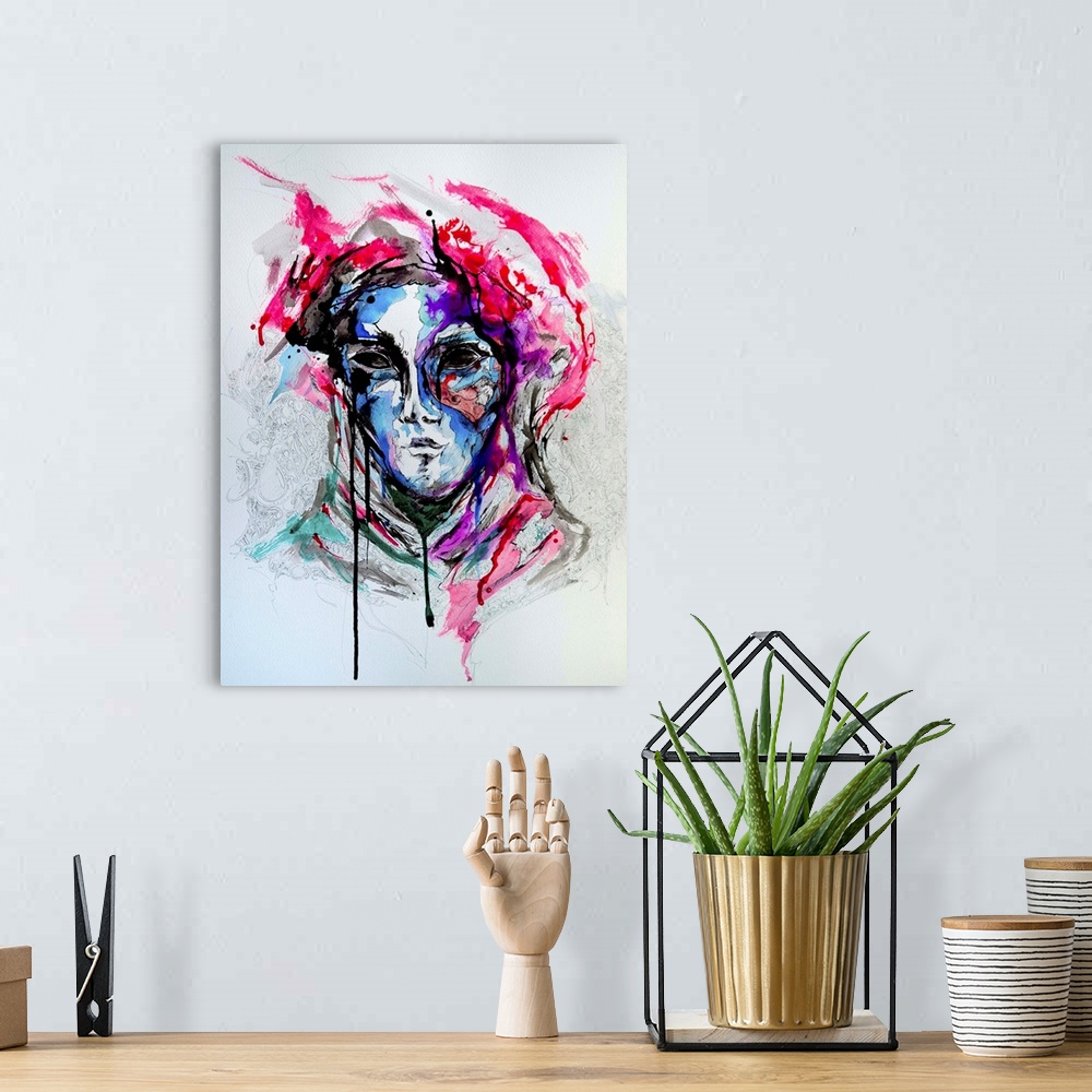 A bohemian room featuring Watercolor and ink painting of a person wearing a masquerade mask.
