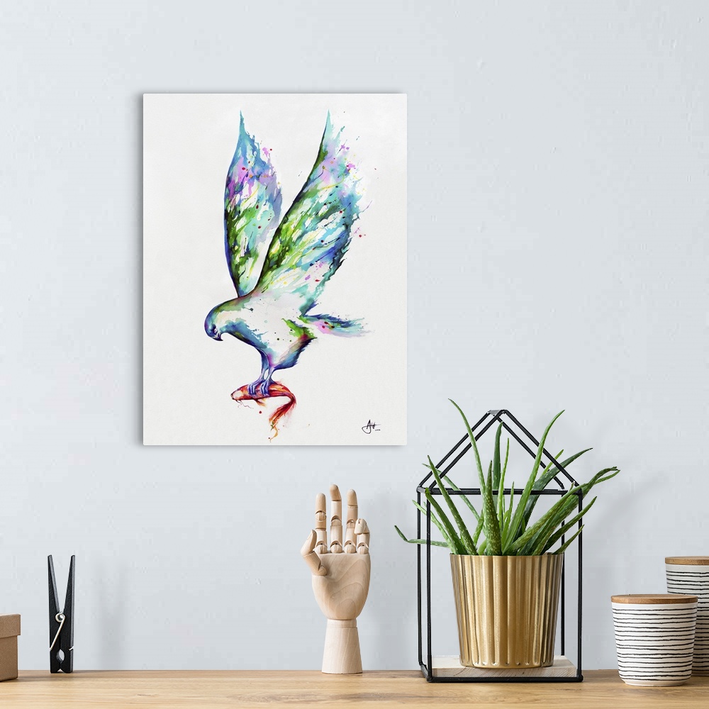 A bohemian room featuring Watercolor and ink painting of a bird in flight with a fish in its talons.