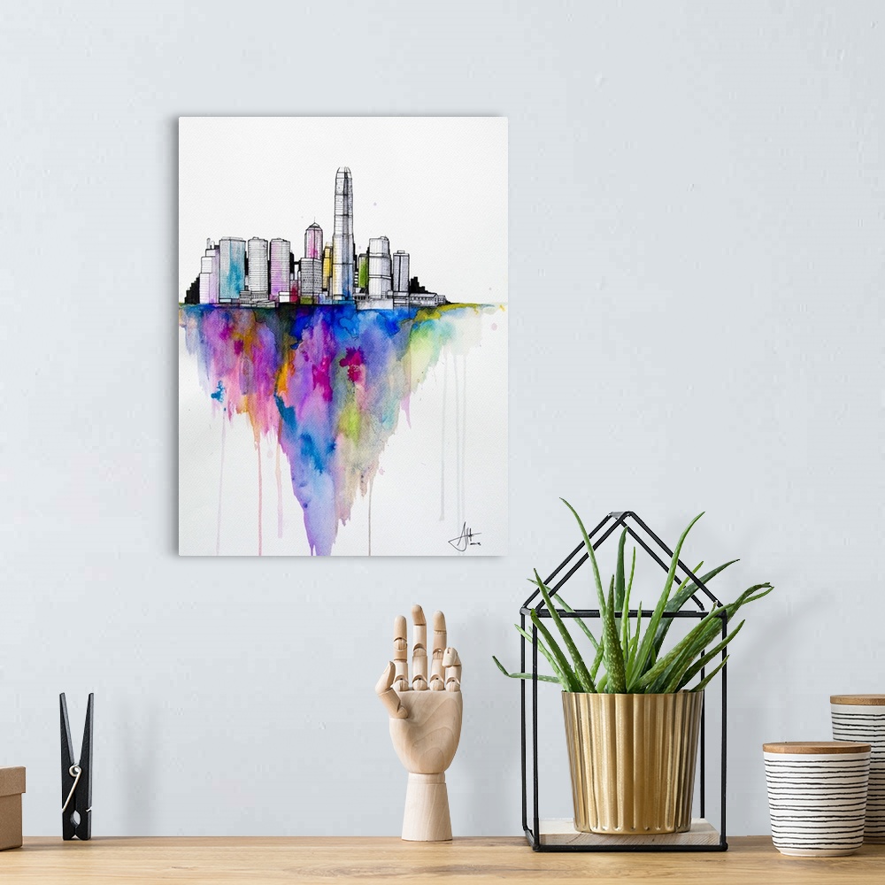 A bohemian room featuring Watercolor and ink painting of a city skyline with a colorful shadow.