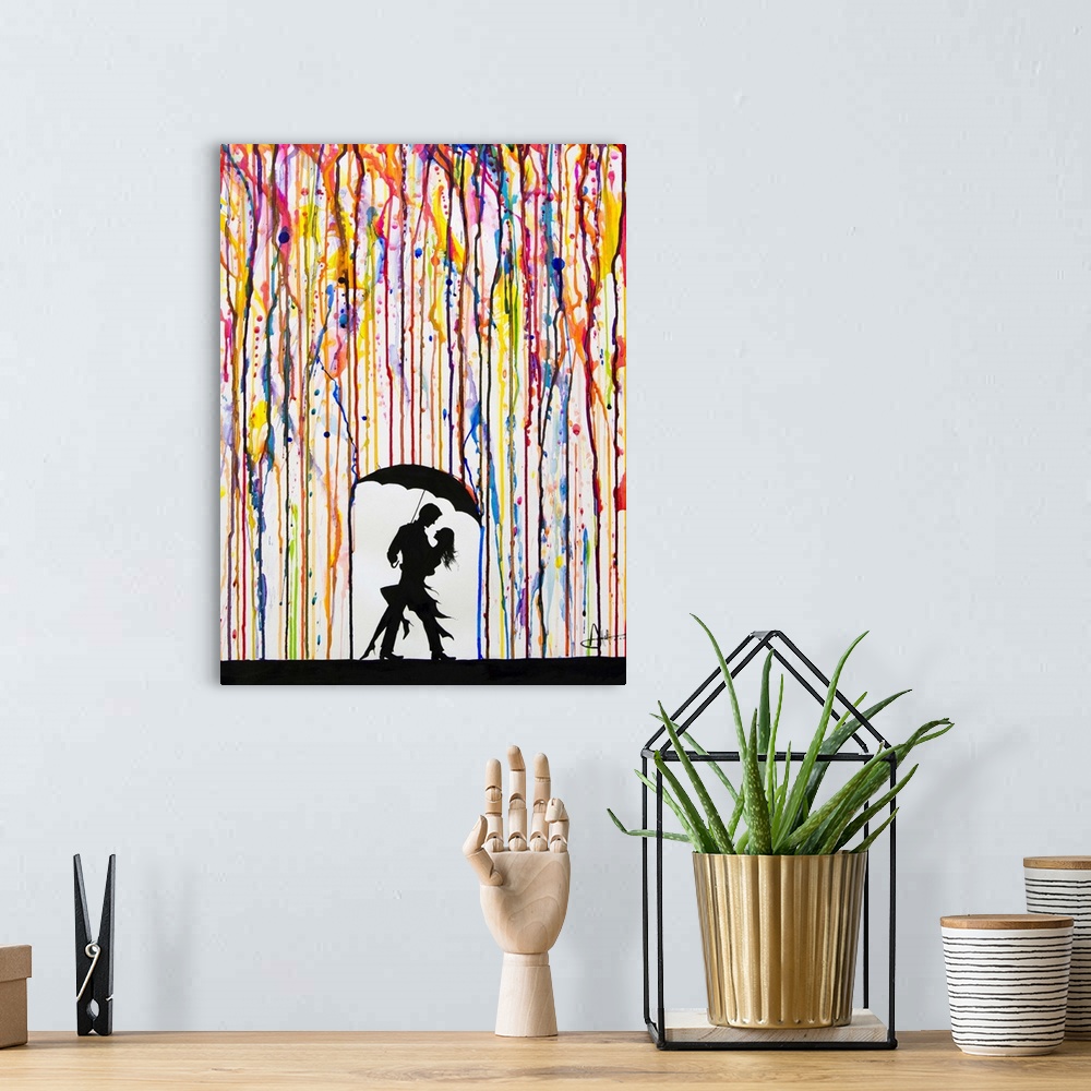 A bohemian room featuring Watercolor and ink painting of a couple dancing under an umbrella under colorful rain.