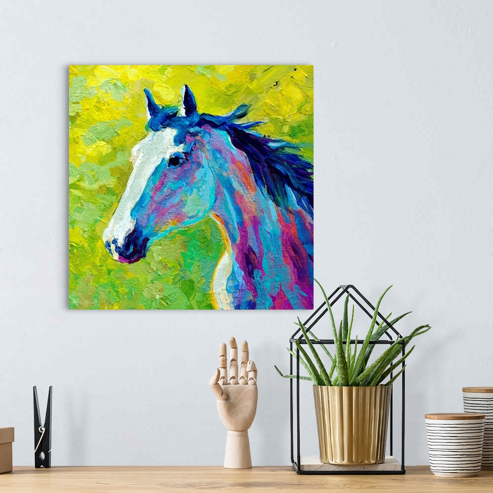 A bohemian room featuring A contemporary painting of a horse done in vivid, unconventional colors. The stallion's mane is w...