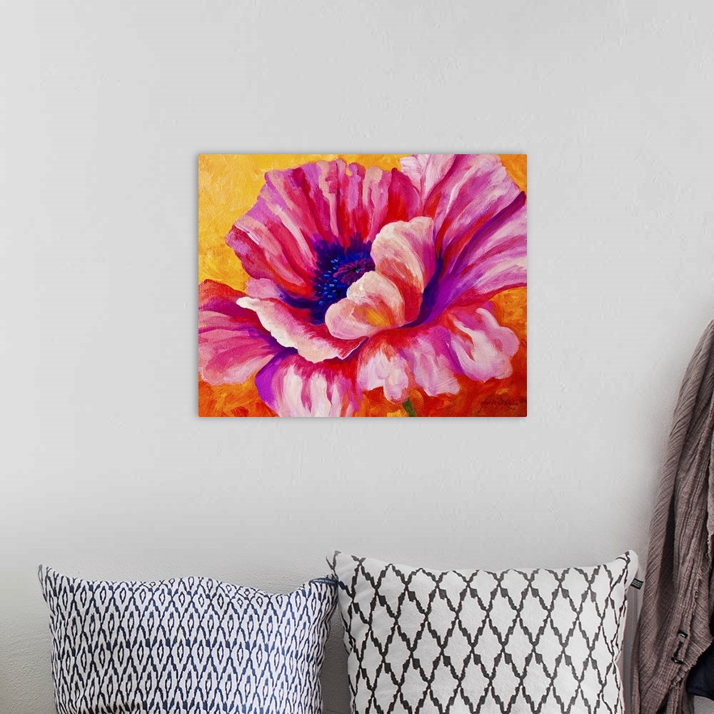 A bohemian room featuring Contemporary floral painting of a giant blooming pink poppy flower on a bright, textured background.