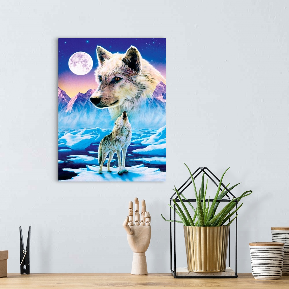 A bohemian room featuring This decorative wall art is a painting of a wolf howling at the moon while standing on an ice flo...