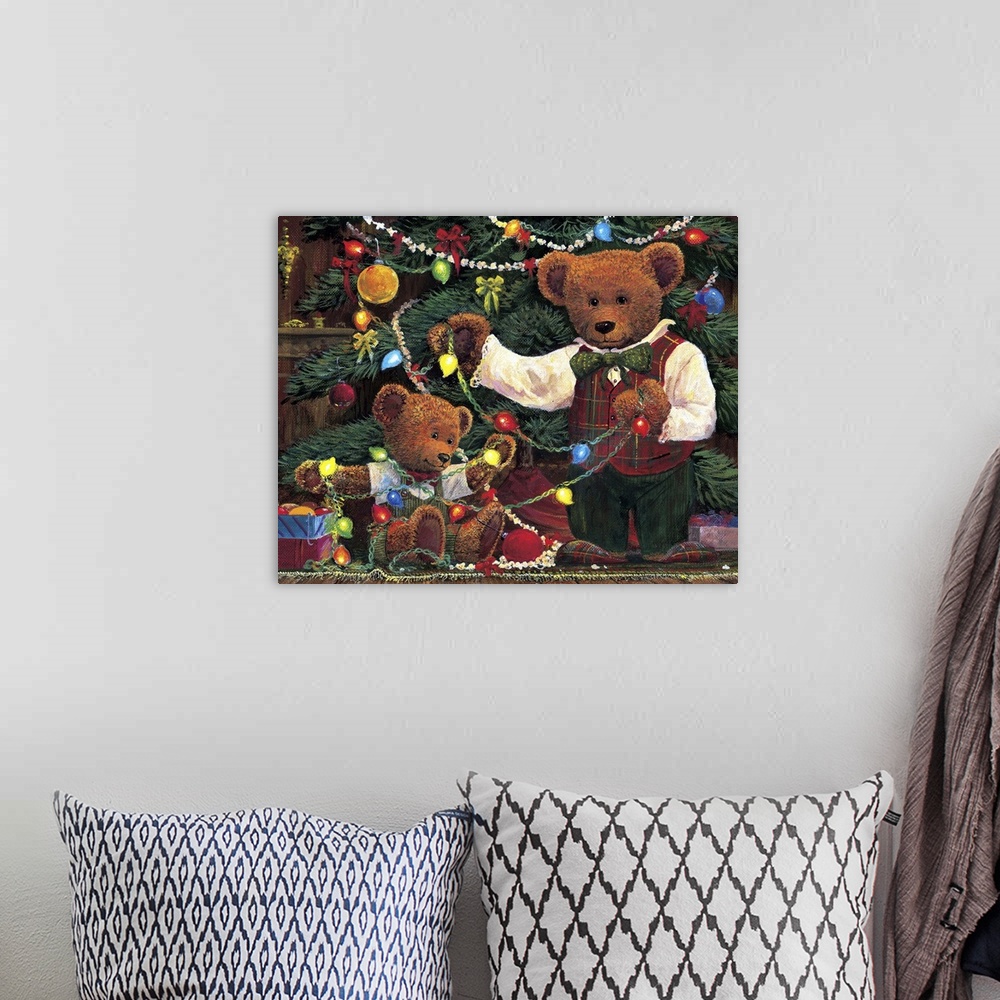 A bohemian room featuring Contemporary and whimsical artwork using teddy bears and everyday activities.