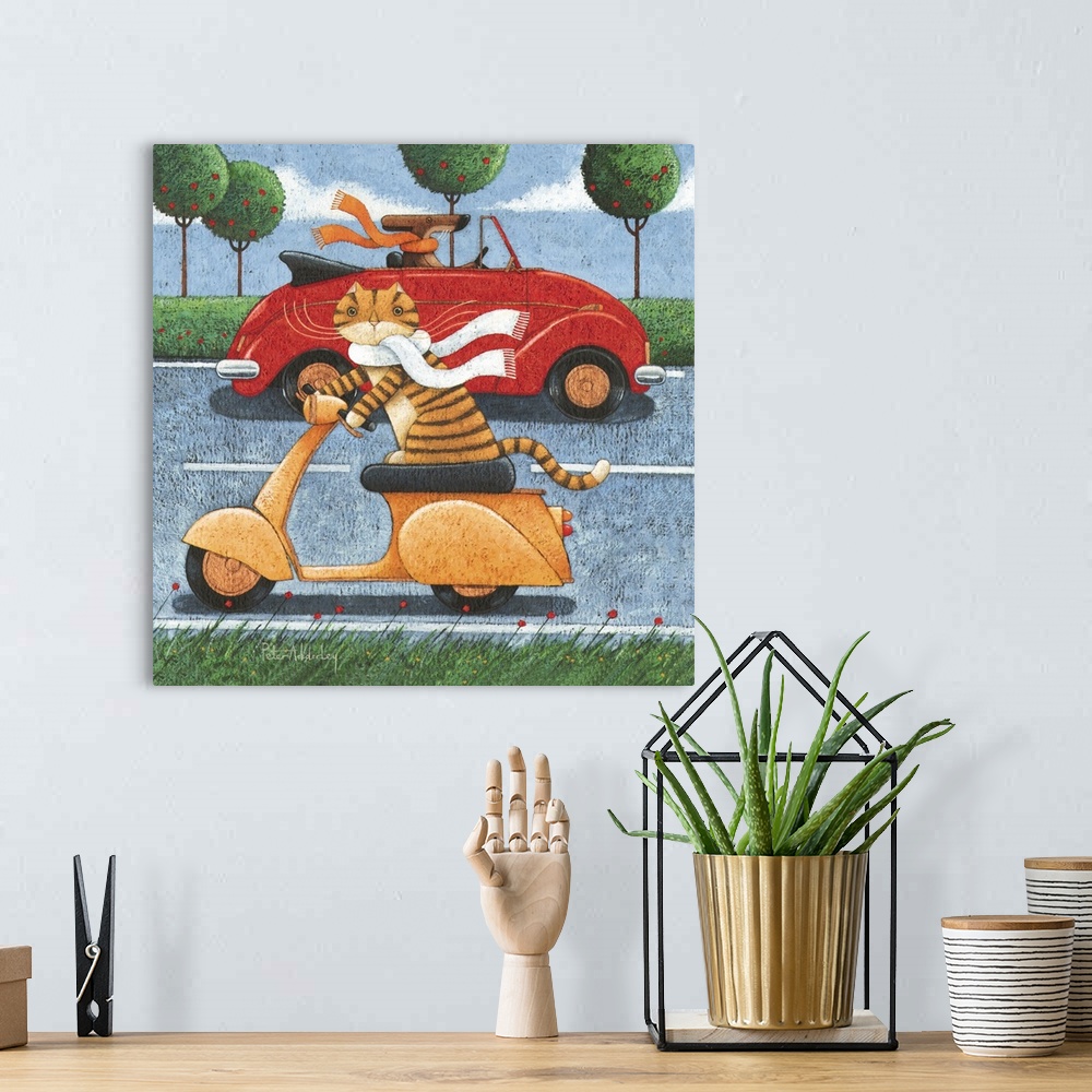 A bohemian room featuring Contemporary painting of an orange striped cat riding an orange scooter while a in the background...