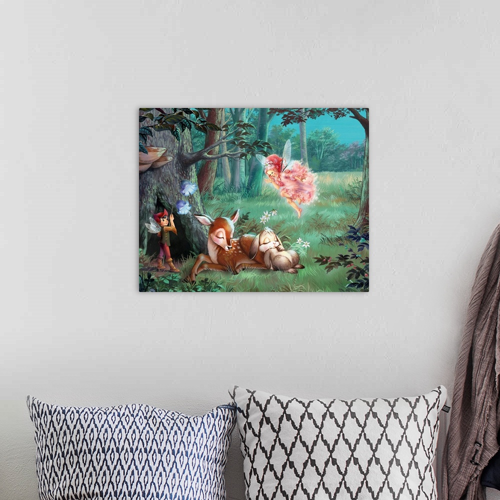 A bohemian room featuring Horizontal artwork on a big canvas of a fawn and a rabbit, sleeping together near a large tree at...