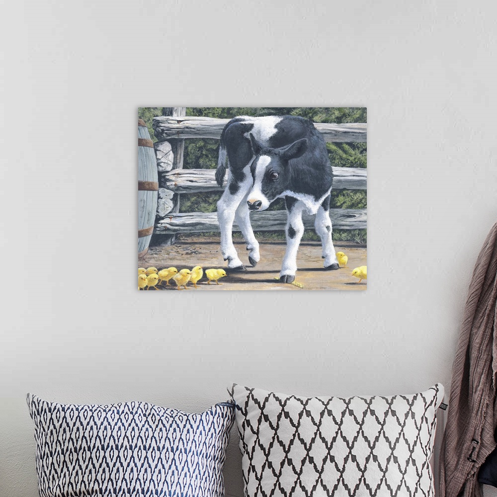 A bohemian room featuring Contemporary painting of a calf surrounded by little bright yellow chicks.