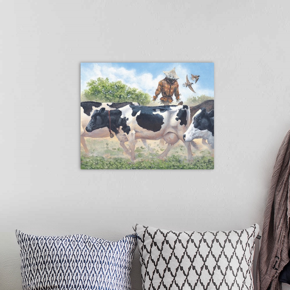 A bohemian room featuring Contemporary artwork of a herd of cows walking through a field kicking up dust.