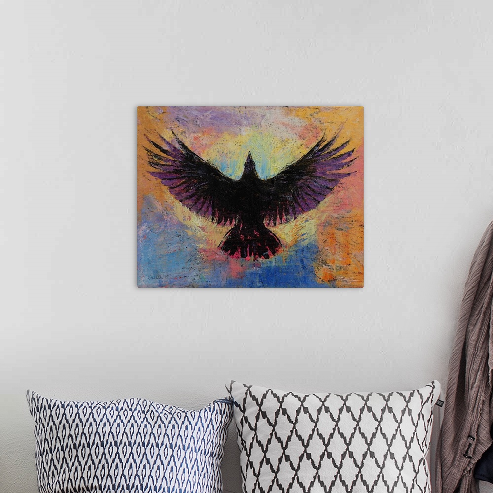 A bohemian room featuring A contemporary painting of a black bird against a colorful background.