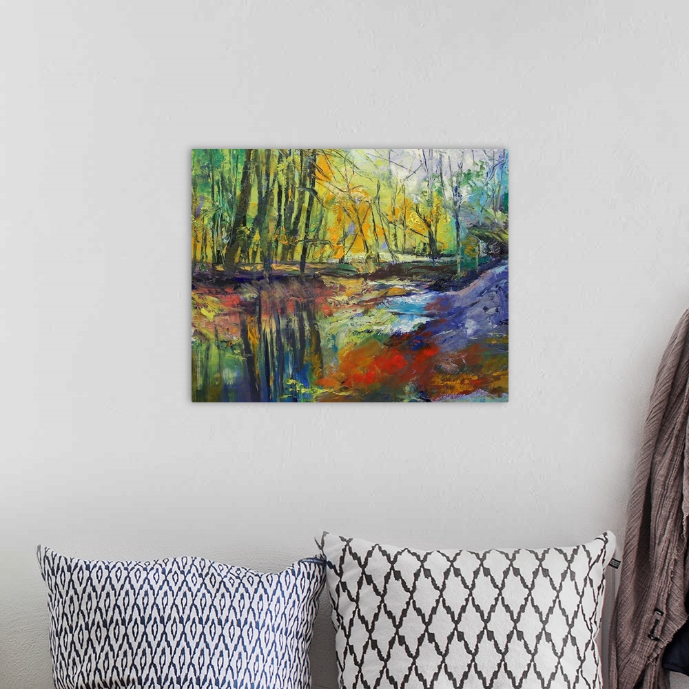 A bohemian room featuring Brightly colored oil painting of a stream running through the forest.  The tall trees and clear s...
