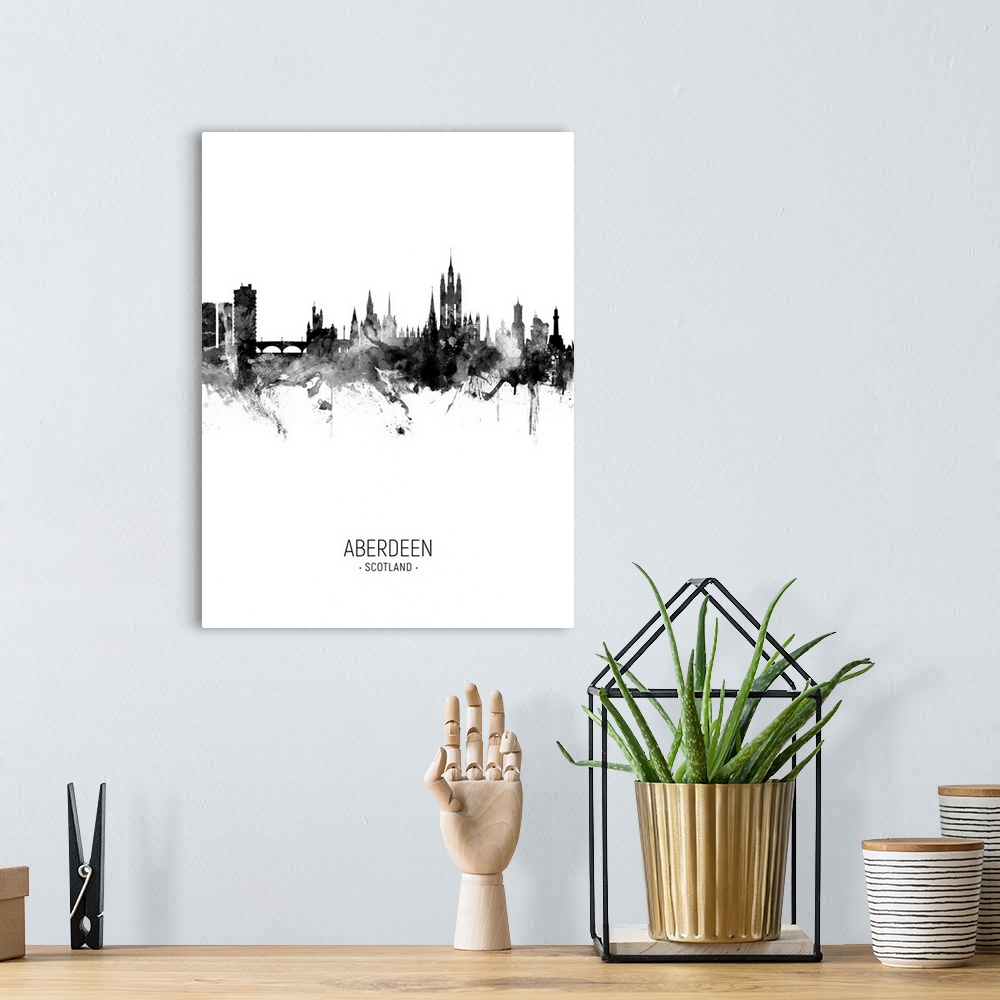 A bohemian room featuring Watercolor art print of the skyline of Aberdeen, Scotland, United Kingdom