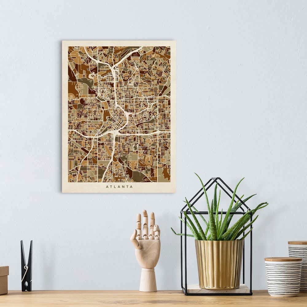 A bohemian room featuring Brown toned city street map artwork of Atlanta.