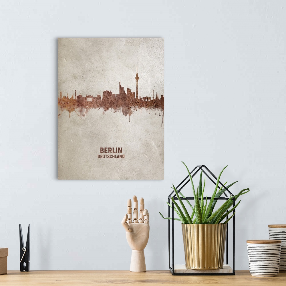 A bohemian room featuring Art print of the skyline of Berlin, Germany. Rust on concrete.