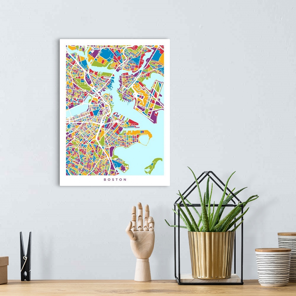A bohemian room featuring Contemporary colorful artwork of a city street map of Boston.