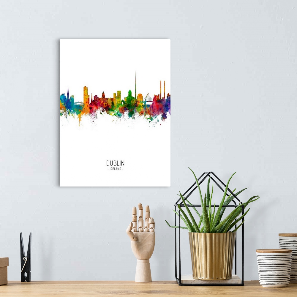 A bohemian room featuring Watercolor art print of the skyline of Dublin, Ireland