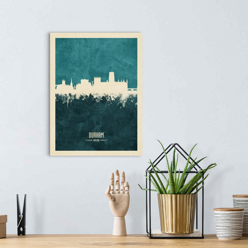 A bohemian room featuring Watercolor art print of the skyline of Durham, England, United Kingdom