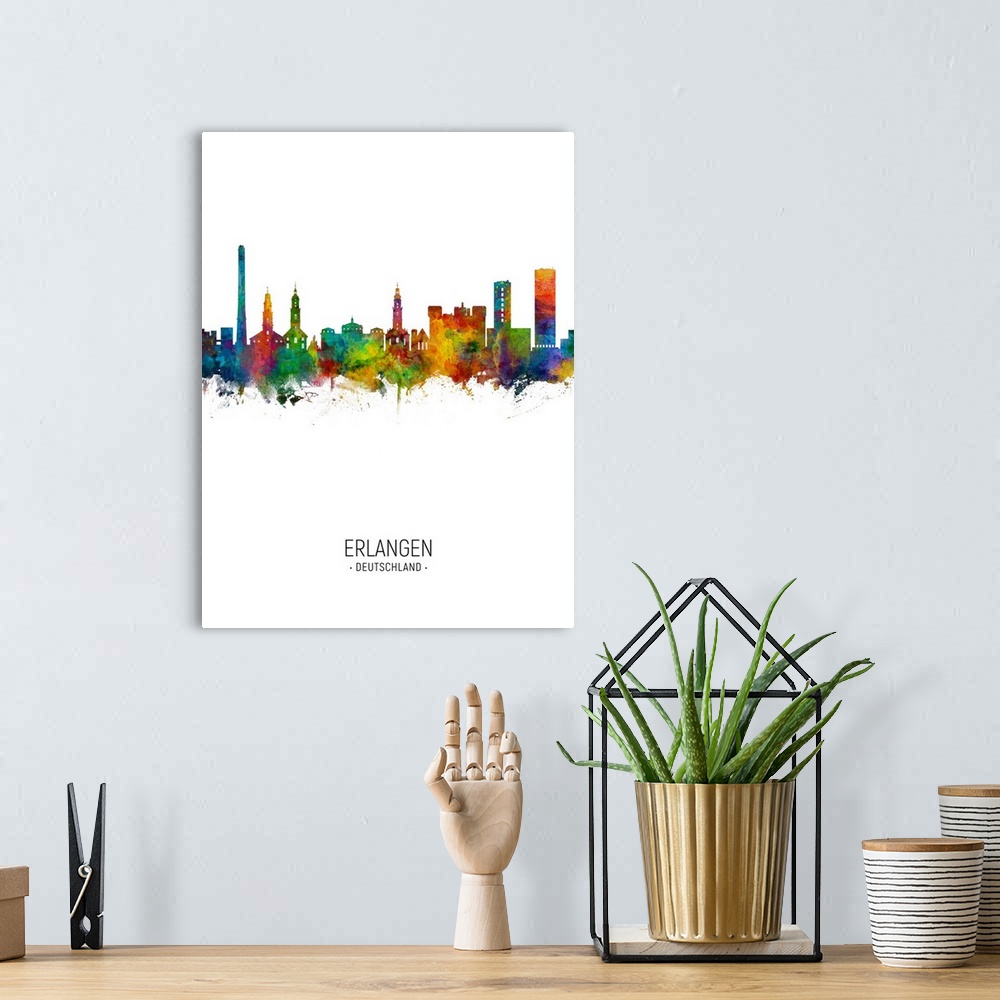A bohemian room featuring Watercolor art print of the skyline of Erlangen, Germany
