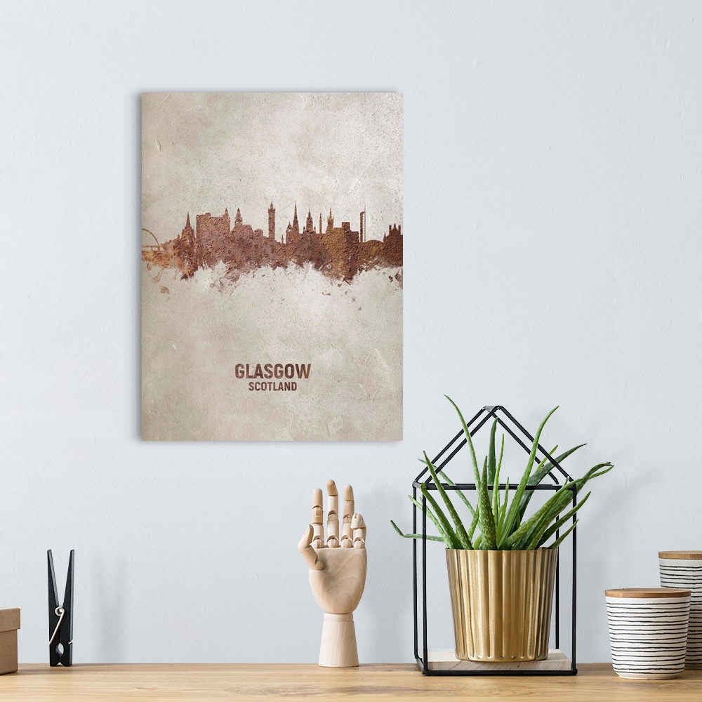 A bohemian room featuring Art print of the skyline of Glasgow, Scotland, United Kingdom. Rust and concrete.