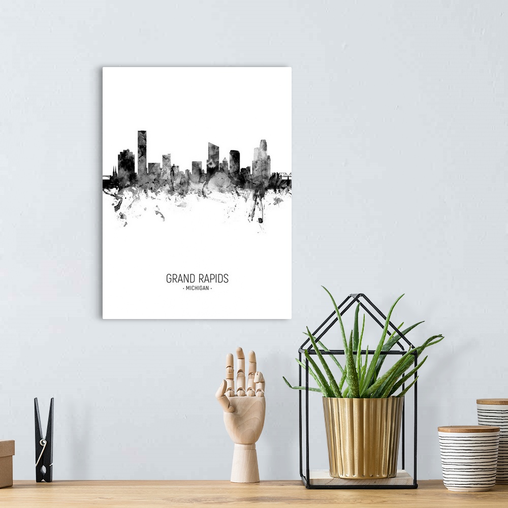 A bohemian room featuring Watercolor art print of the skyline of Grand Rapids, Michigan, United States