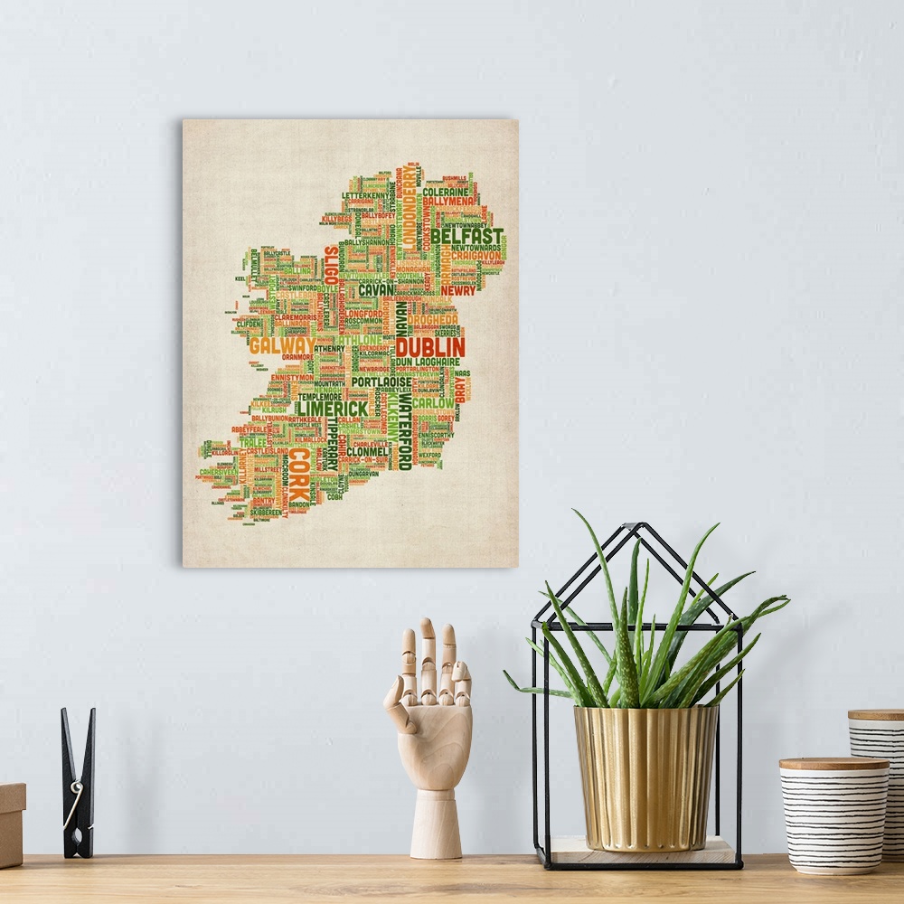 A bohemian room featuring Irish Cities Text Map, Irish Colors on Parchment