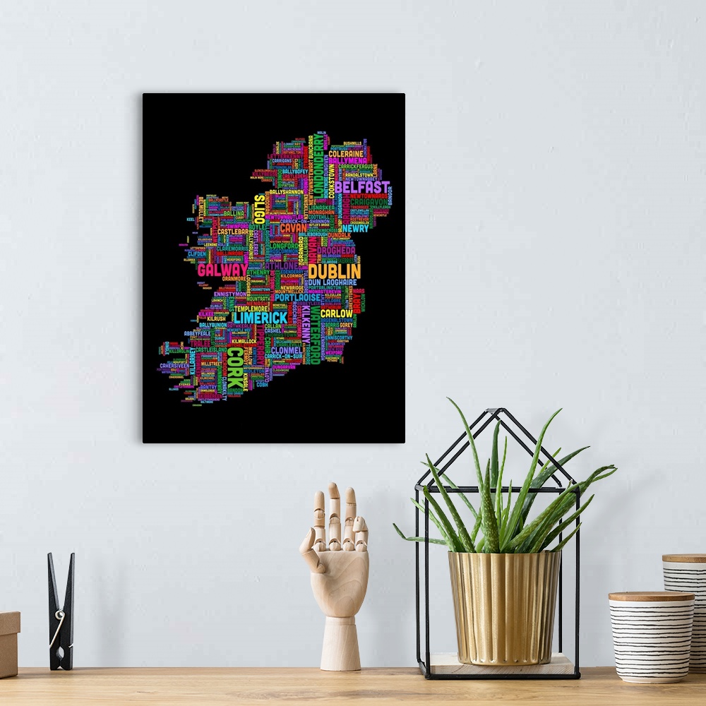 A bohemian room featuring Irish Cities Text Map, Multicolor on Black