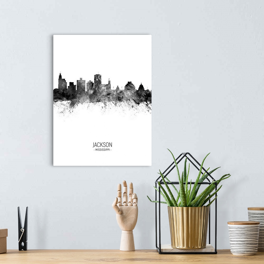 A bohemian room featuring Watercolor art print of the skyline of Jackson, Mississippi, United States