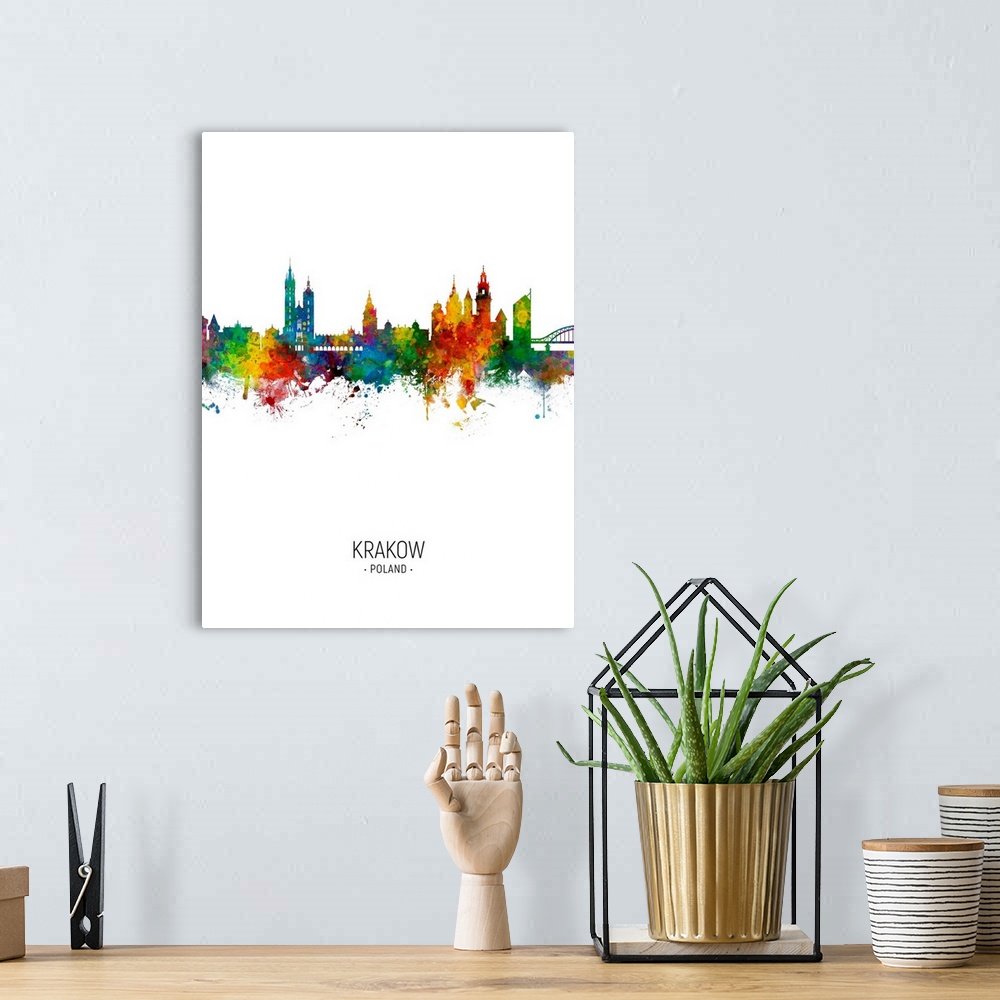 A bohemian room featuring Watercolor art print of the skyline of Krakow, Poland