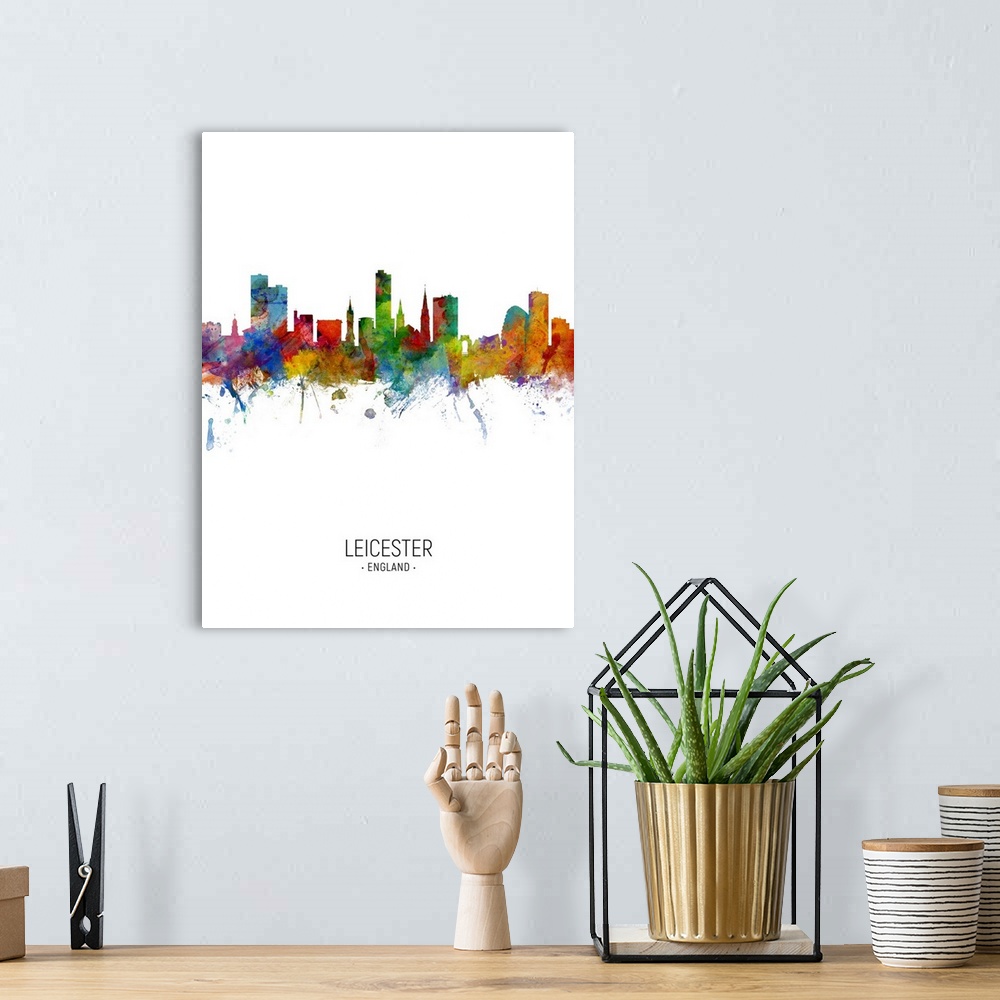 A bohemian room featuring Watercolor art print of the skyline of Leicester, England, United Kingdom
