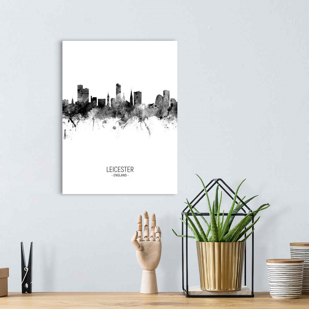 A bohemian room featuring Watercolor art print of the skyline of Leicester, England, United Kingdom