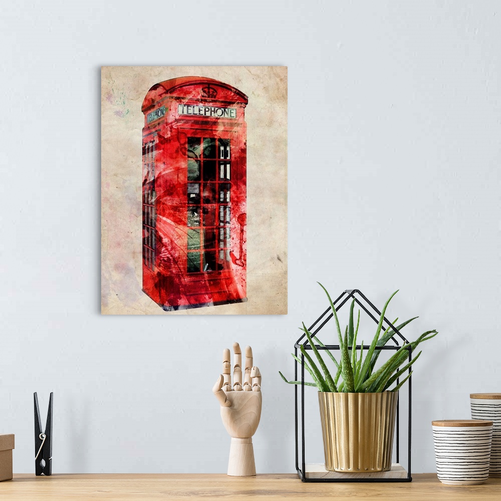 A bohemian room featuring A contemporary art piece of an old fashioned London phone booth that appears faded.