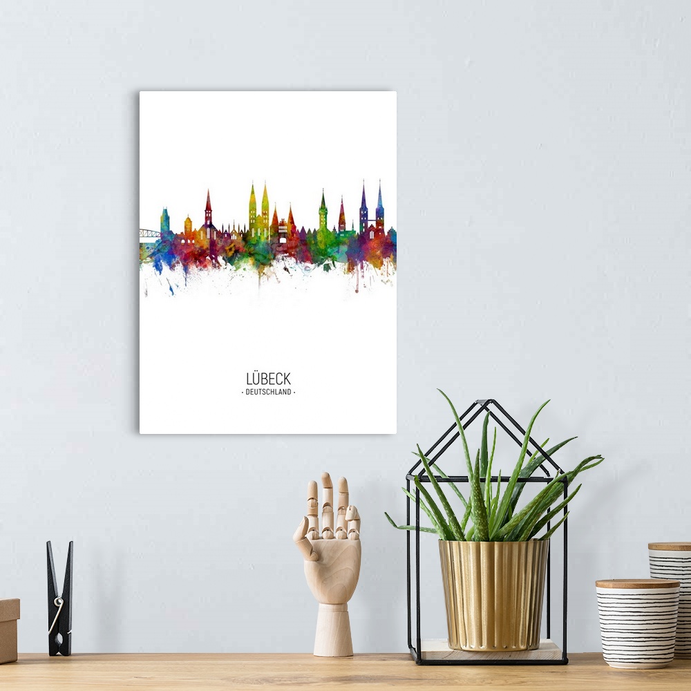 A bohemian room featuring Watercolor art print of the skyline of Lubeck, Germany