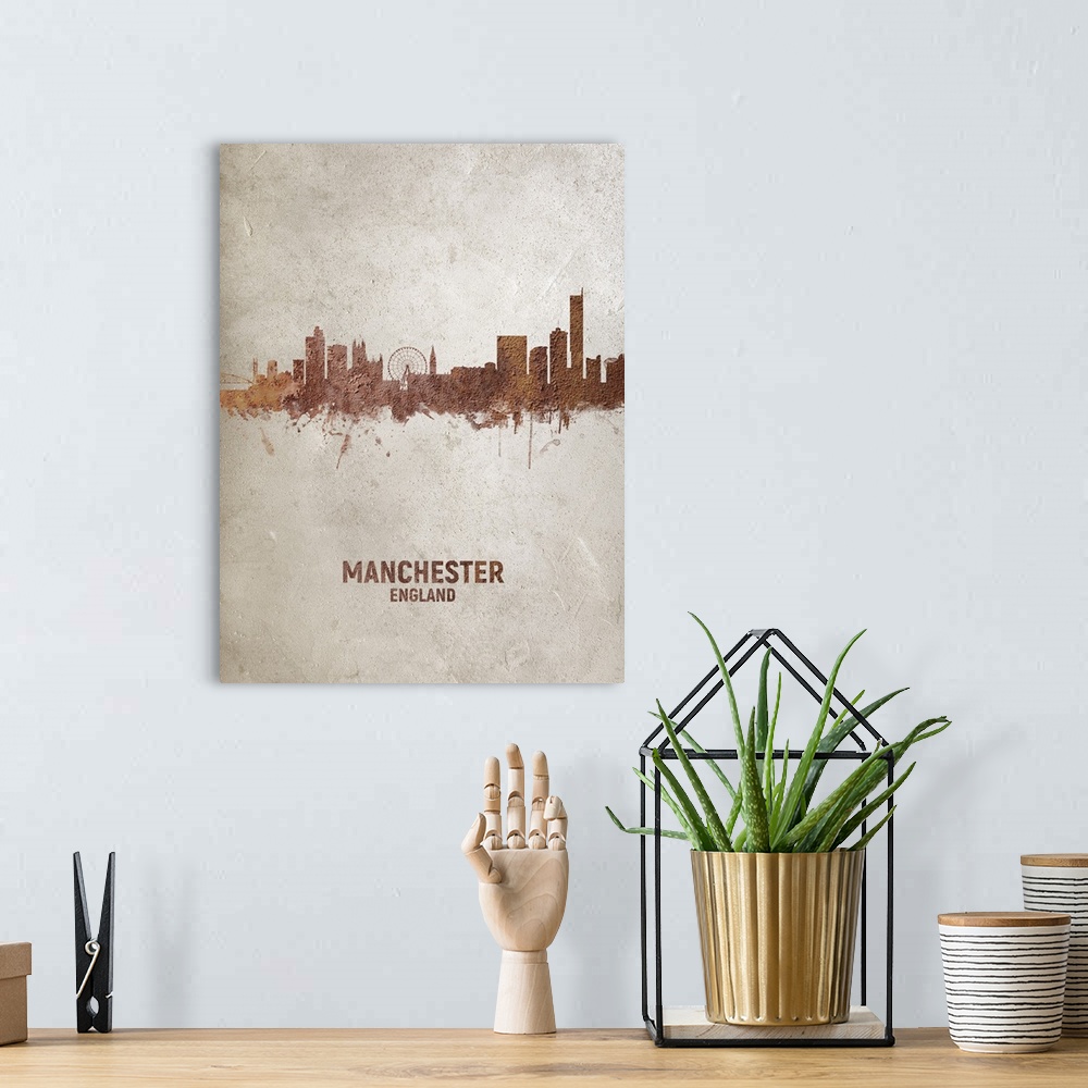A bohemian room featuring Art print of the skyline of Manchester, England, United Kingdom. Rust on concrete.